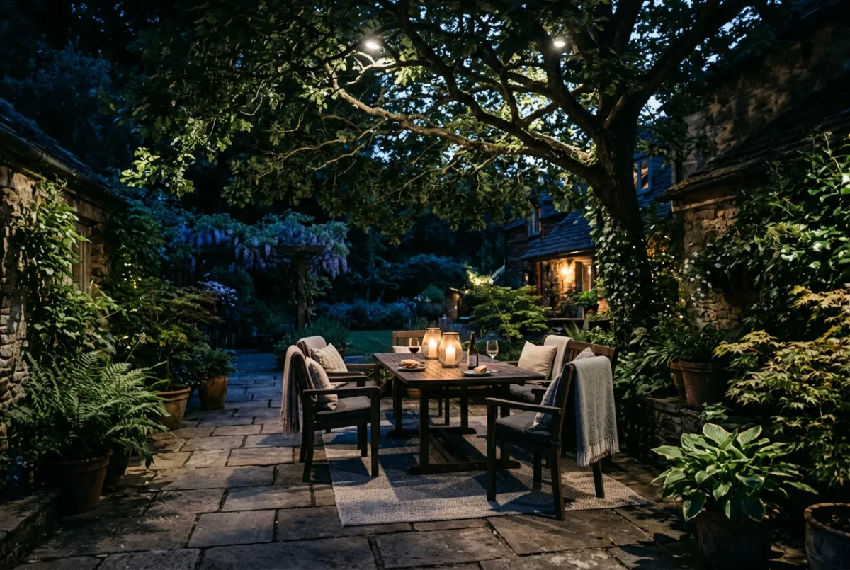 Moonlighting downlight effect filtered through mature tree canopy onto patio