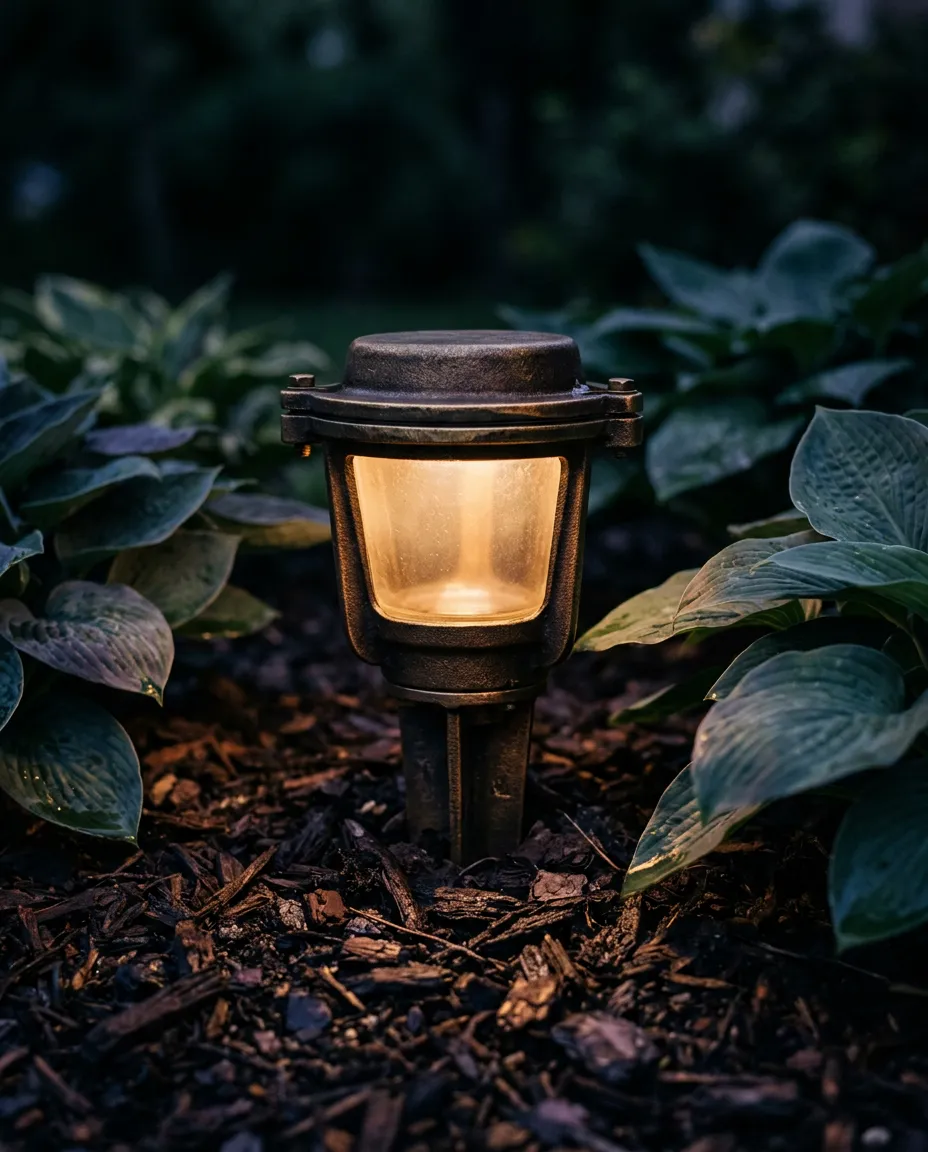 Professional landscape lighting technician carefully aiming a solid brass fixture at the base of a mature specimen tree in an estate garden