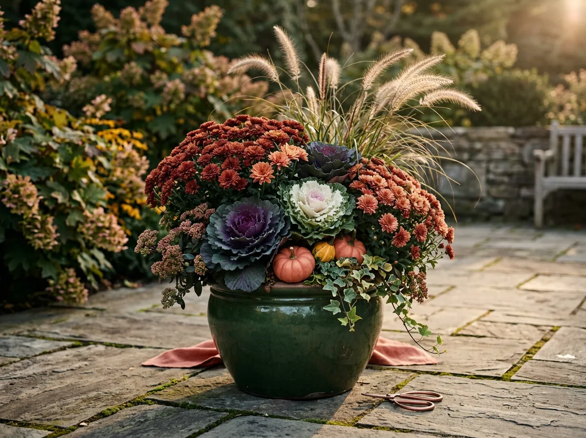 Autumn floral display featuring deep rust chrysanthemums, ornamental cabbages, and fountain grass