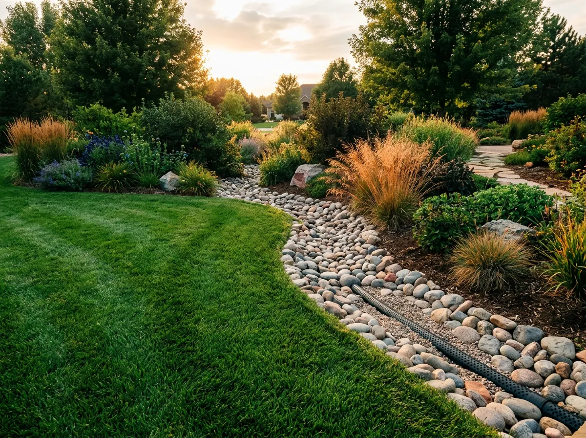 Lush manicured lawn with natural river rock dry swale bed and native plantings