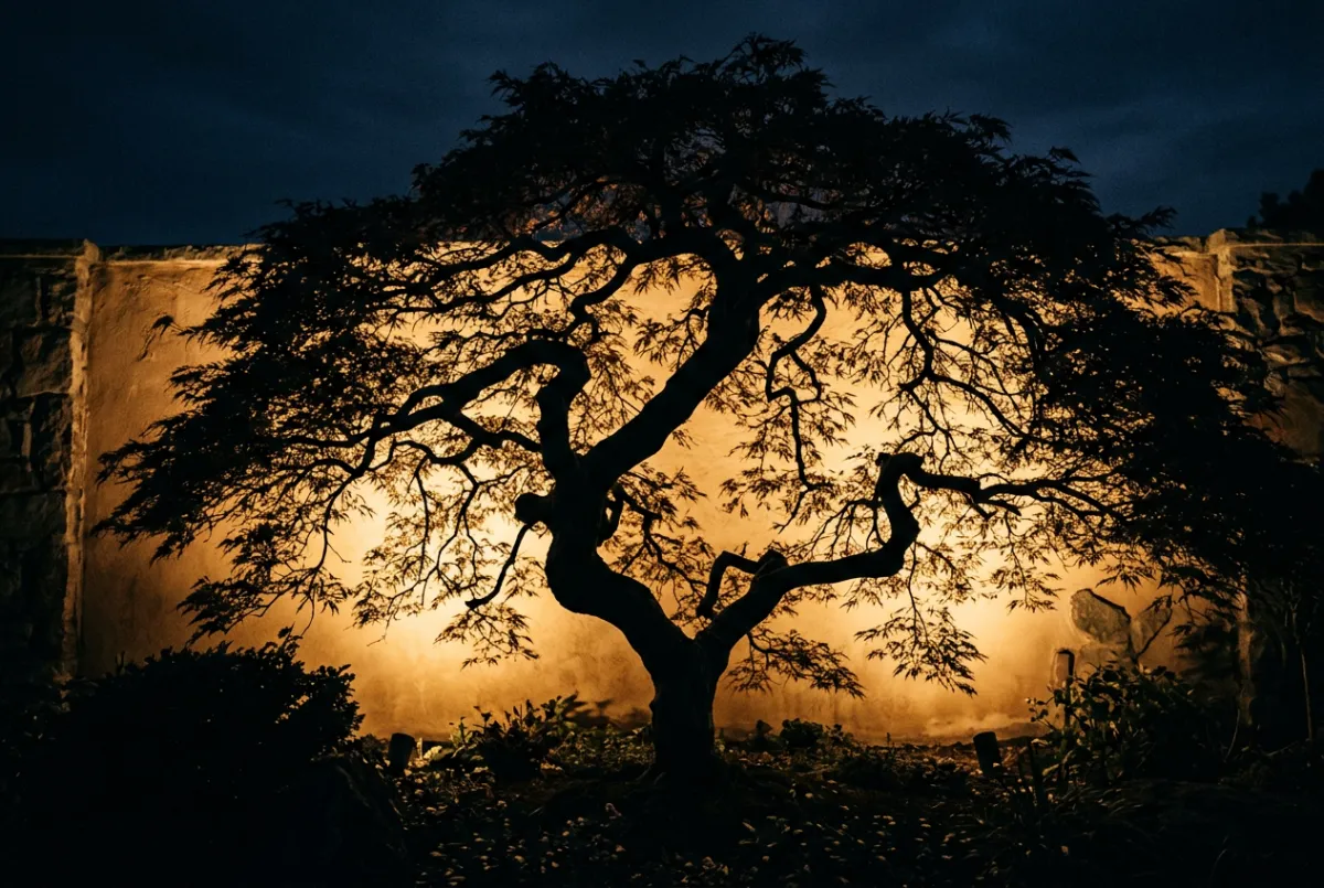 Silhouetted ornamental tree with warm backlight backdrop