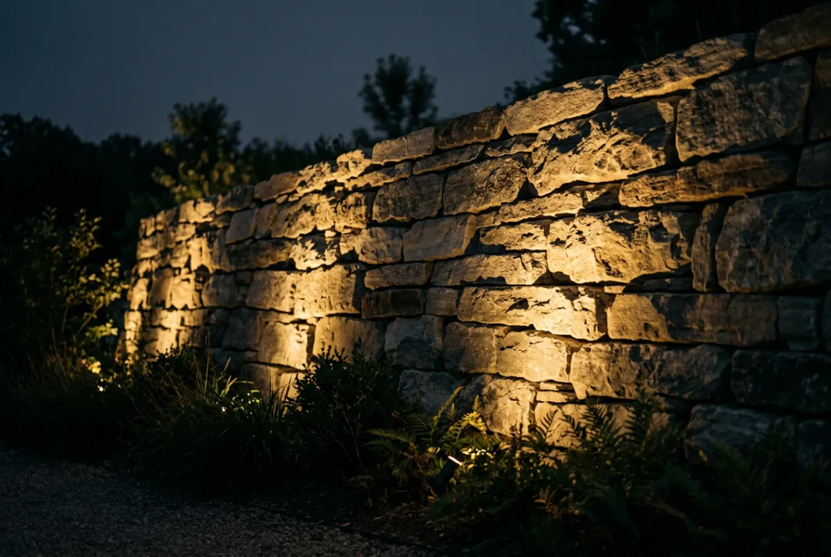 Grazing illumination emphasizing organic relief of natural stone retaining wall