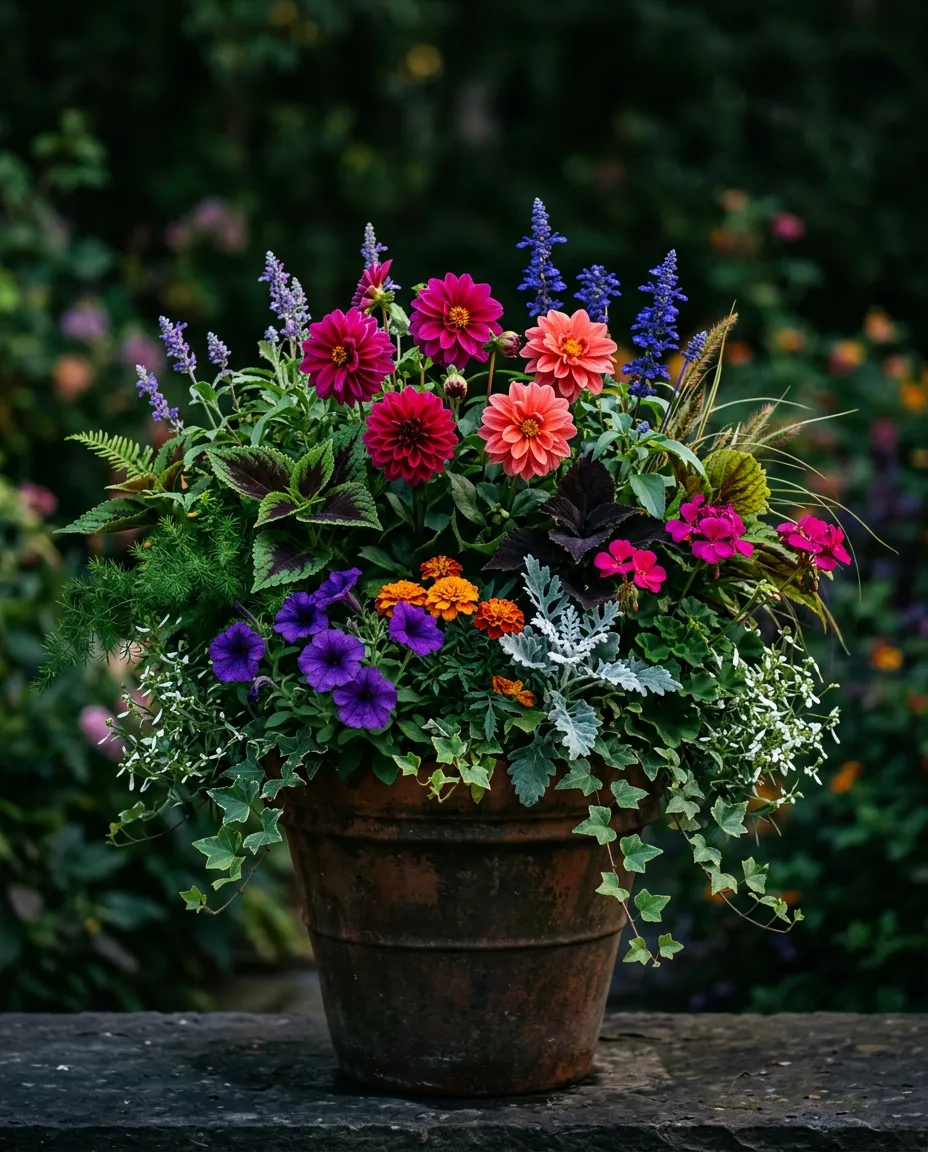 Lush seasonal container planting with vibrant blooms and architectural foliage