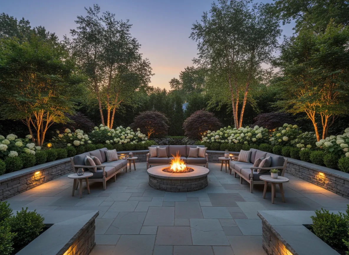 Luxury outdoor living design NJ - fire pit, patio, and landscape lighting at dusk