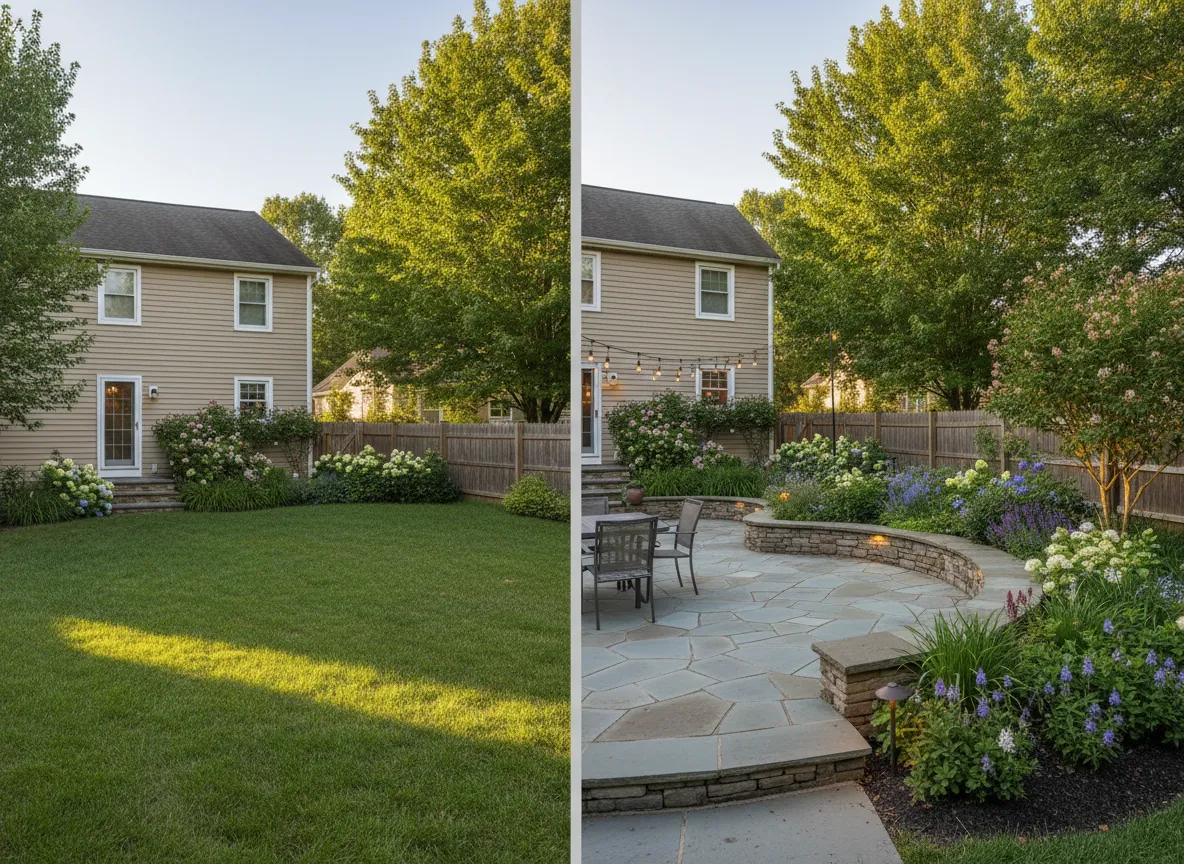 Before and after photo realistic landscape rendering of a New Jersey backyard