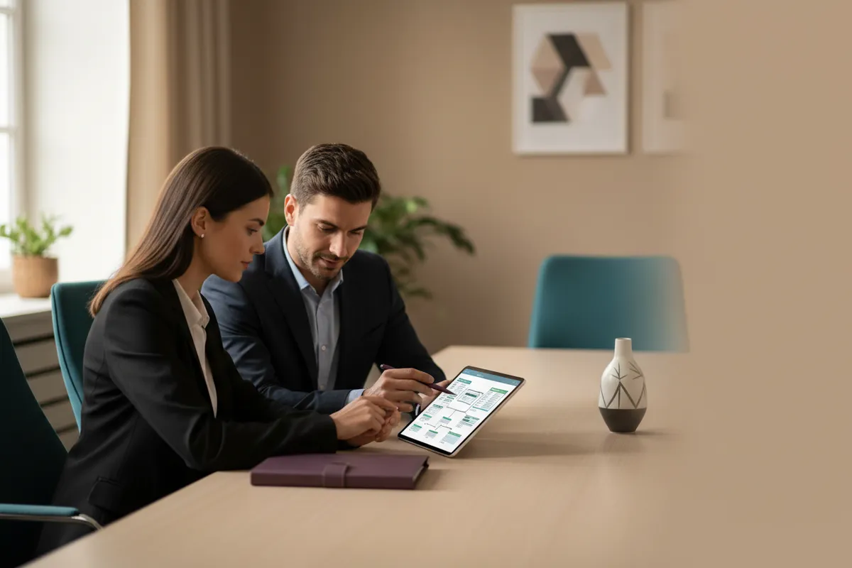 Two professionals reviewing a hypnosis business website on a tablet