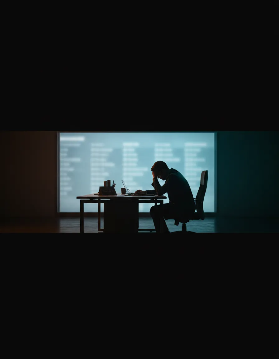 Silhouette of a stressed travel business owner working late at night