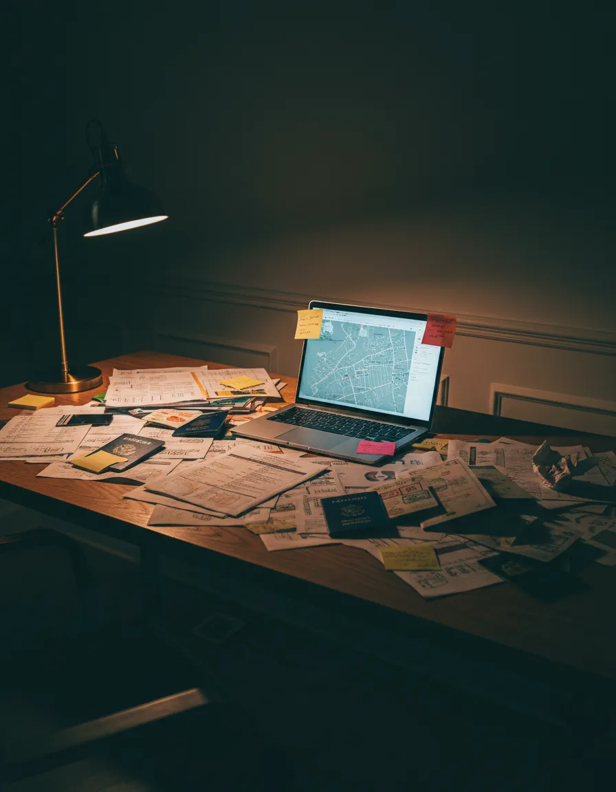 A chaotic desk covered in travel itineraries and spreadsheets