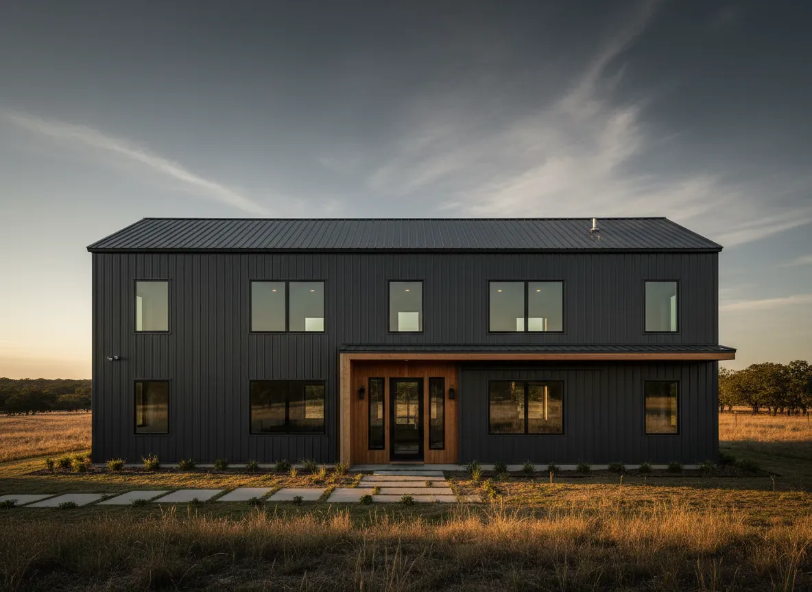Custom modern ranch style barndominium exterior