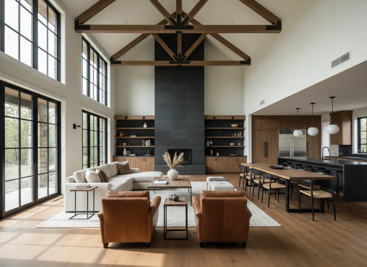 Spacious open concept barndominium interior