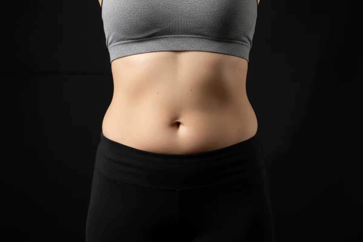Before photo: female midsection (waist) showing visible bulge; clinical studio lighting, neutral black backdrop; photorealistic, focused torso shot emphasizing problem area prior to treatment.