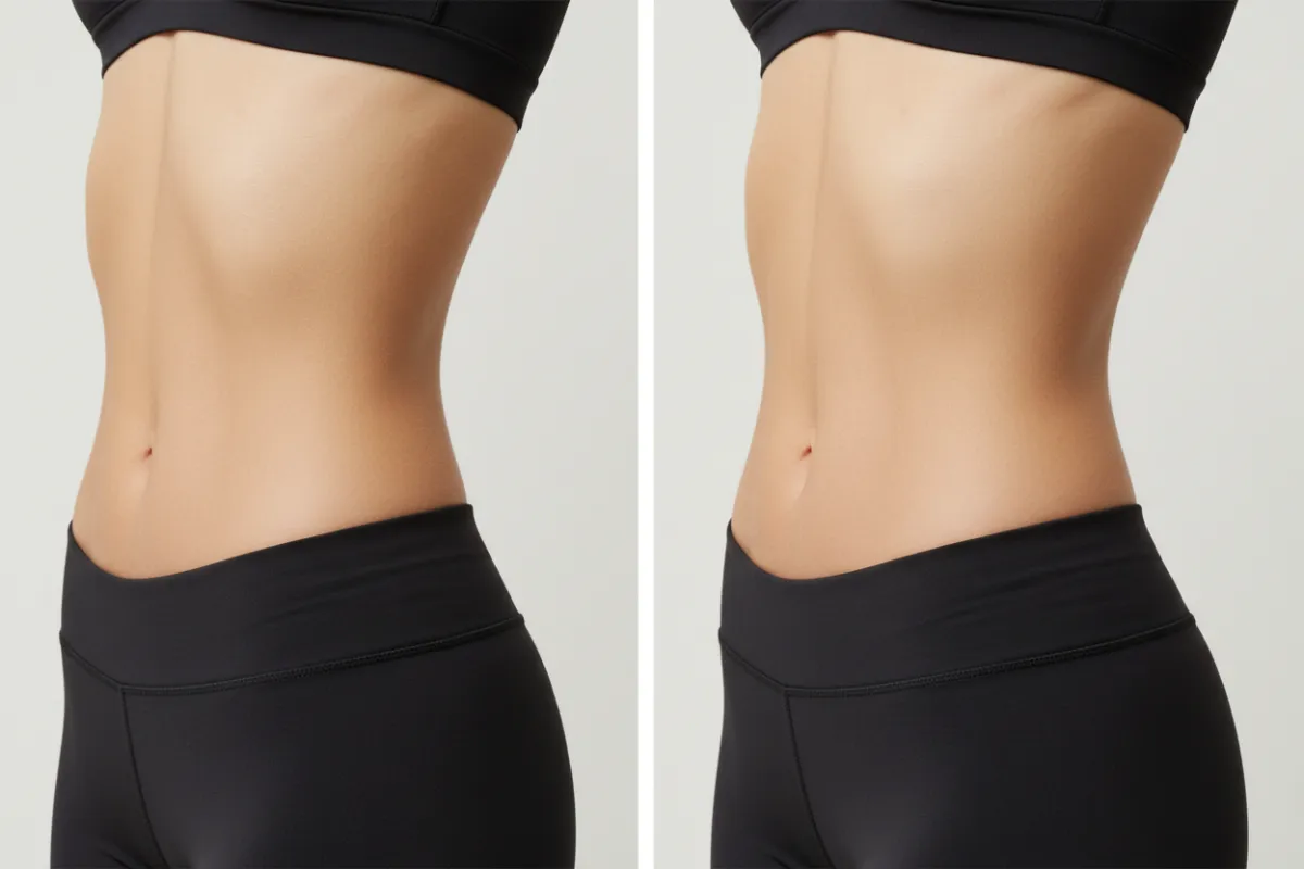 After photo: same female midsection post-treatment, visibly slimmer waist and smoother contour, identical pose and lighting, photorealistic clinical comparison to demonstrate measurable fat loss results.