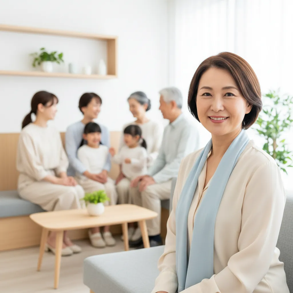 Rina, mid-50s, warm smiling portrait in clinic setting after treatment, photorealistic style highlighting multi-age client success and trustworthiness.