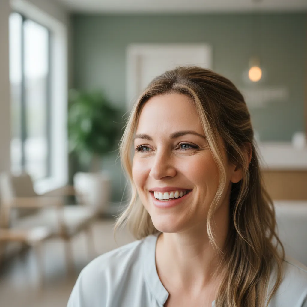 Amanda, early 40s, smiling candid portrait after treatment, clinic environment softly blurred, photorealistic style conveying authentic client happiness and real-world social proof.