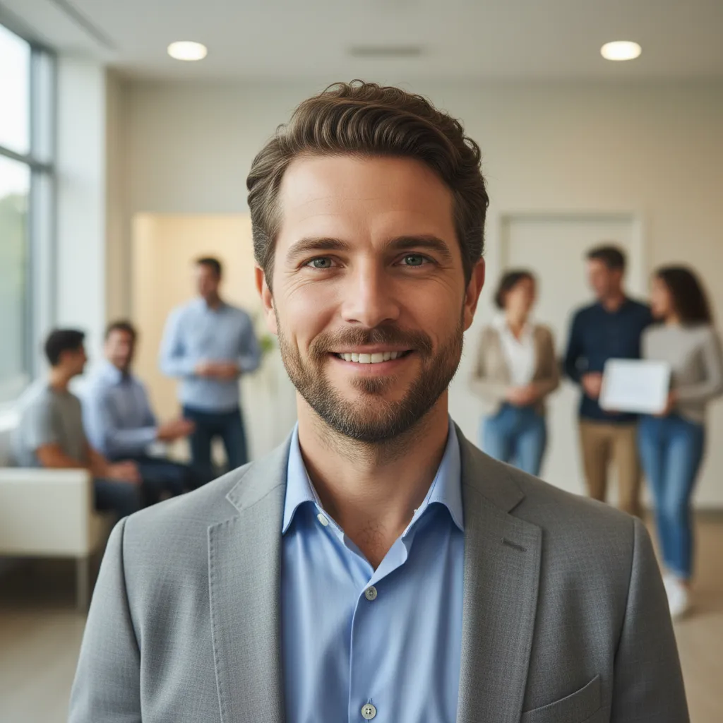 Marco, late 30s, relaxed portrait with subtle smile, neutral clinic background, photorealistic, showing the diversity of typical clients and trustworthy results.