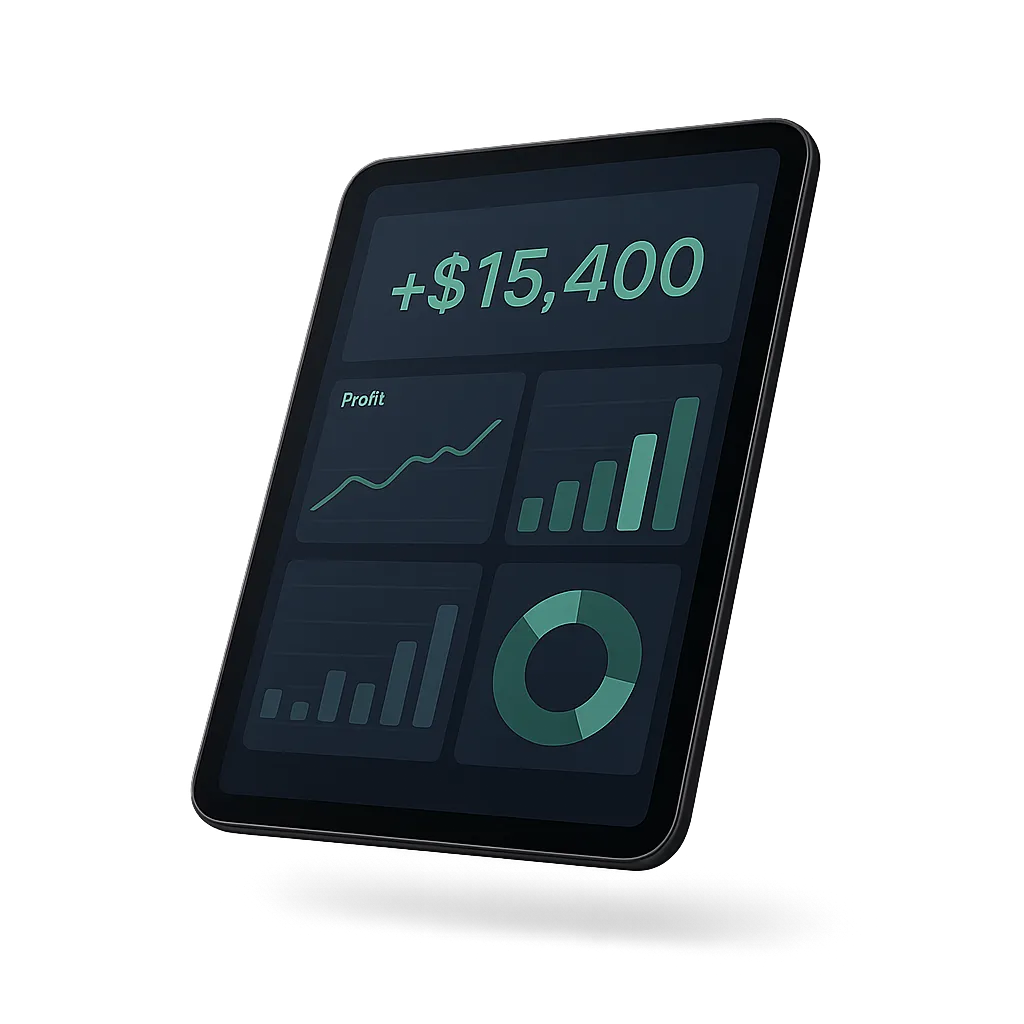 Sleek modern tablet displaying an elegant executive dashboard with a large green profit metric