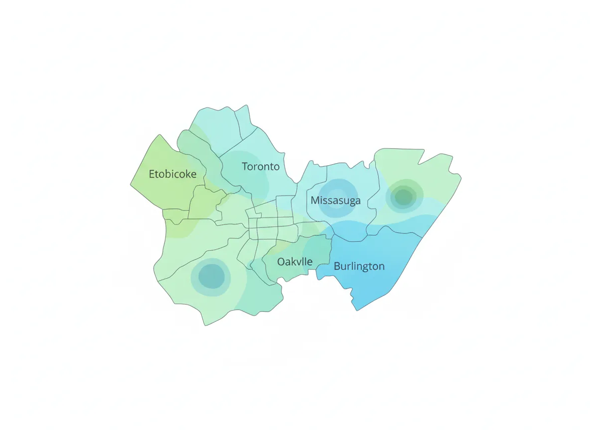 Map-style illustration of GTA service areas for sod installation