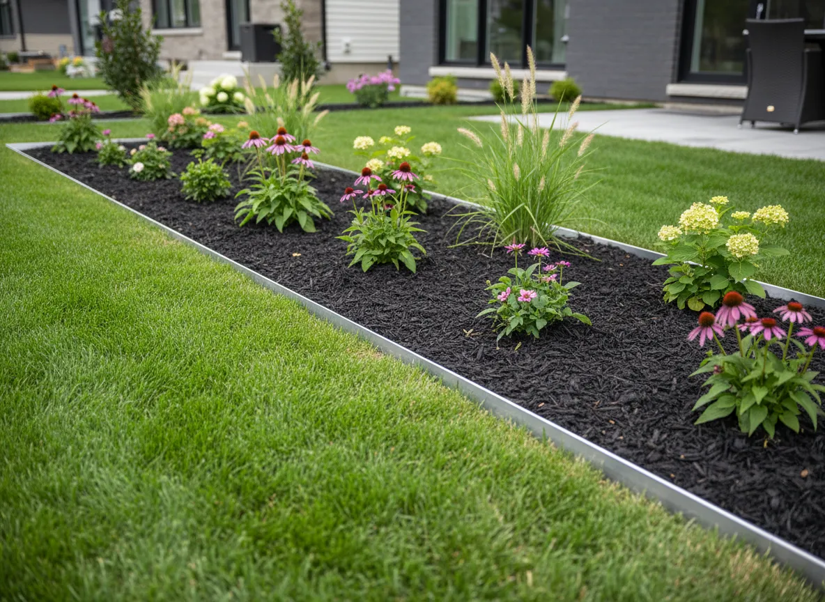 Clean, professional garden bed installation with flowers and shrubs