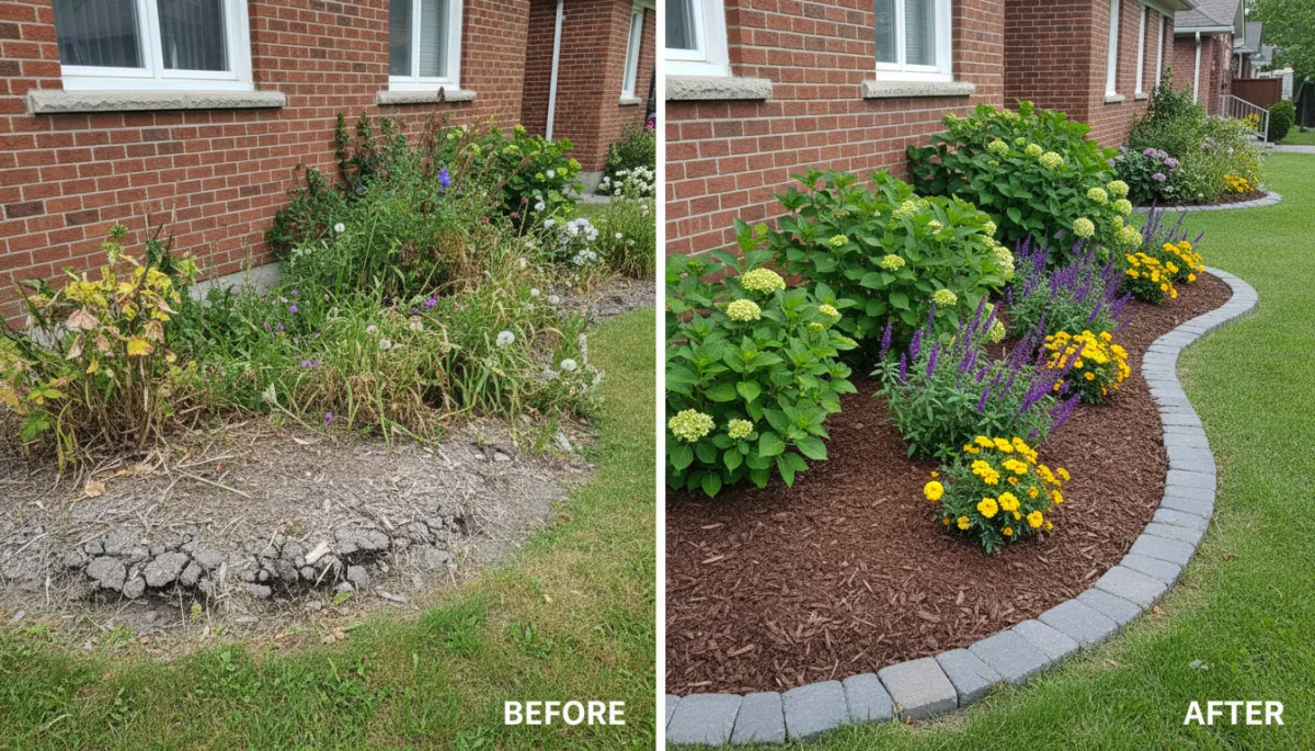 Before and after garden bed refresh with mulch in GTA