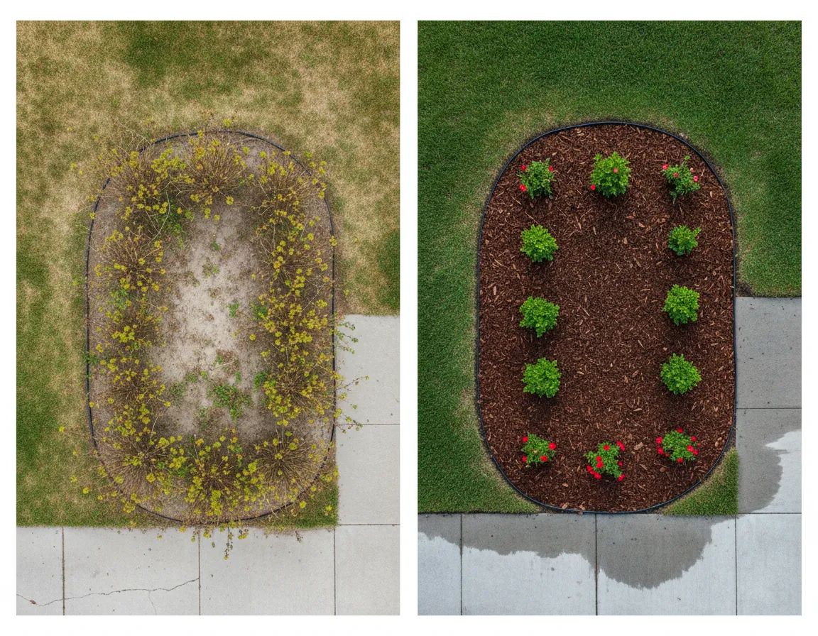 Before and after mulch installation in Toronto property