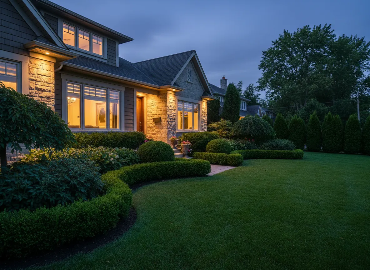 Burlington waterfront style home with landscaped front yard