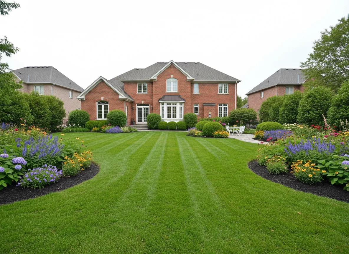 Oakville residential landscaping with green lawn and garden beds