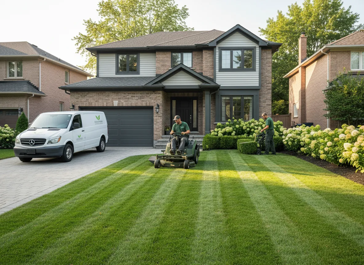 Lawn and property maintenance crew mowing and trimming in the GTA