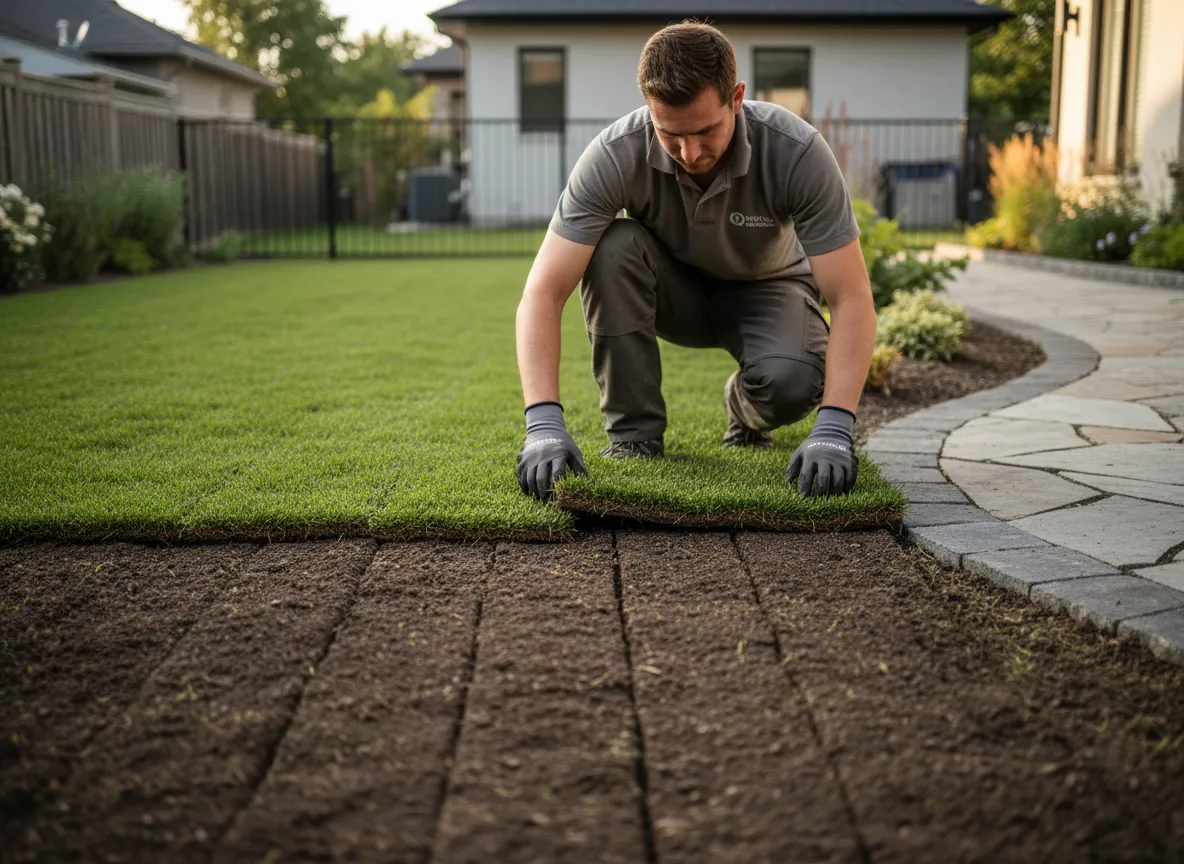 Technician installing fresh sod on prepared soil