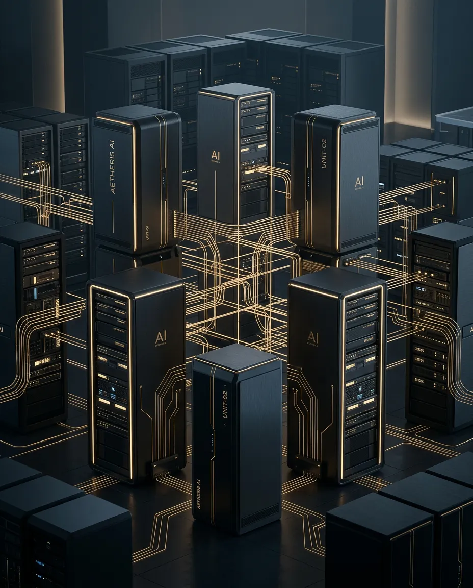 Abstract representation of high-precision autonomous AI infrastructure and neural operations