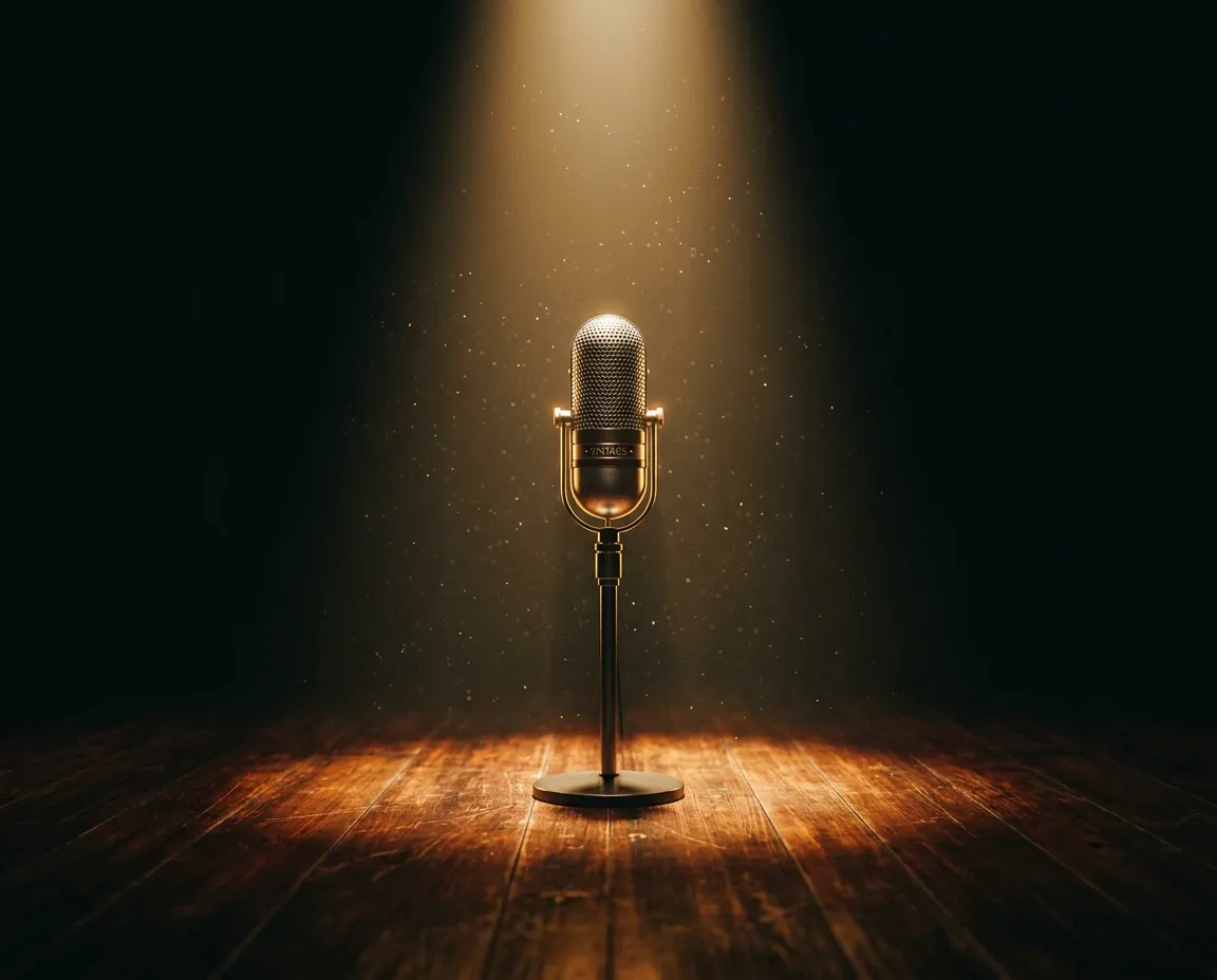 A solitary microphone illuminated under a warm dramatic spotlight on an empty stage