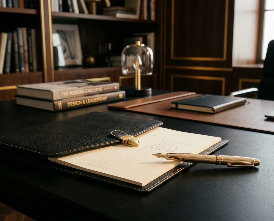 Luxury editorial aesthetic showing an immaculate executive workspace with gold ambient lighting