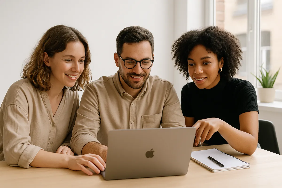 Boutique agency team collaborating around a laptop in a bright studio