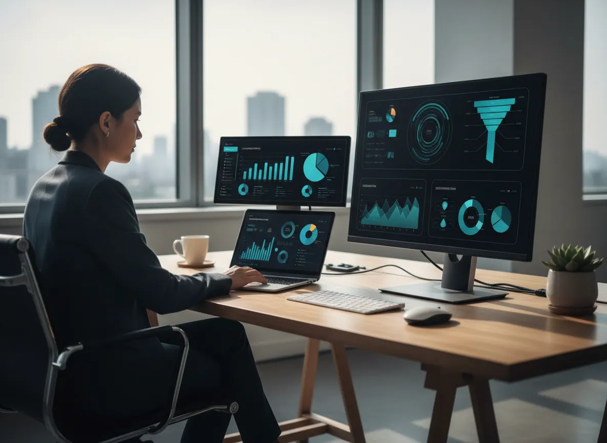 Marketer reviewing digital advertising, SEO and website performance dashboards on a laptop and external monitor.