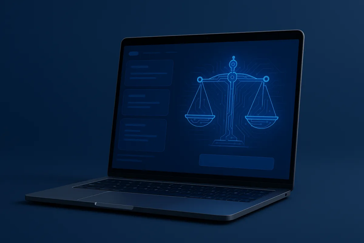 Hero image: AI Case Calculator interface with legal scales and circuit motif in Spiggle brand colors