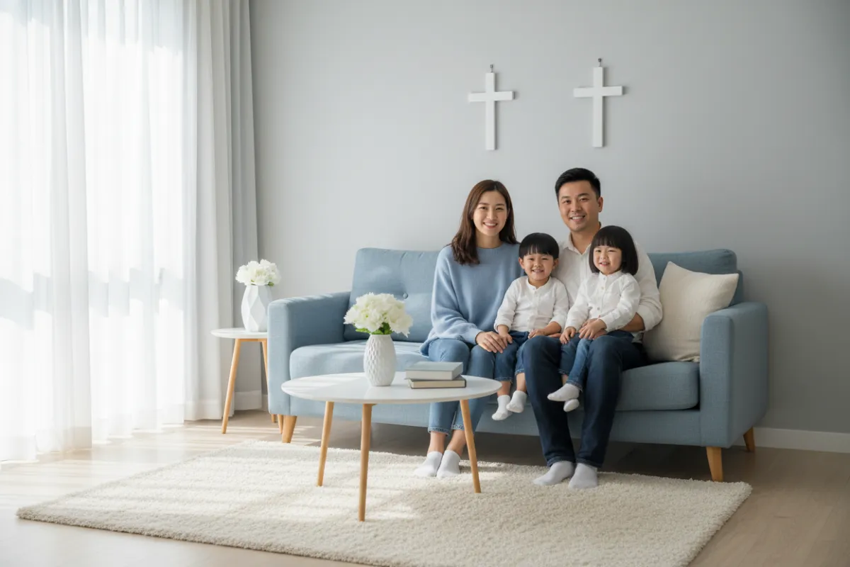 A Christian family of four, two parents and two children, smiling together in a sunlit, tidy living room with subtle crosses on the wall, natural light streaming in, and a sense of peace and purity. The setting is modern, warm, and inviting, with soft blue and white tones.
