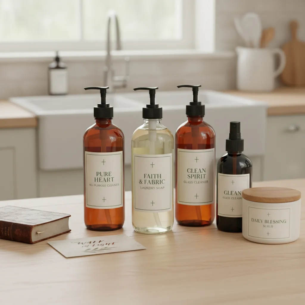 A collection of natural cleaning products arranged neatly on a wooden table, with a small open Bible and a scripture card beside them. The products are labeled with faith-inspired names, and the background is a softly lit, neutral kitchen.