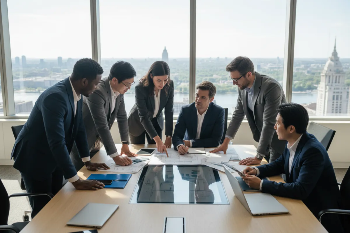 A diverse group of professionals in business attire collaborating over public sector project documents in a modern, sunlit office with city views, symbolizing strategic planning and opportunity.