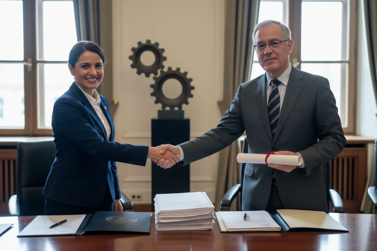 A confident professional shaking hands with a government official in a formal meeting room, documents on the table, representing a successful public sector contract award.
