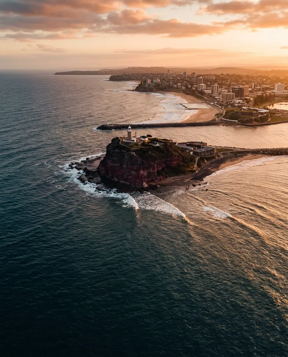 Cinematic aerial perspective of the Newcastle coastline, Nobbys Headland, and the Pacific ocean