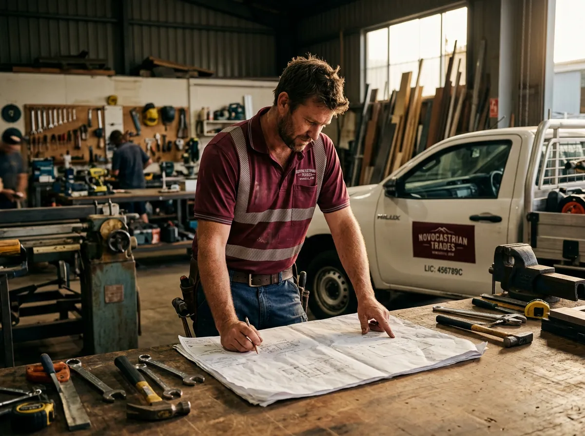 Trade business owner reviewing architectural plans on site in Newcastle