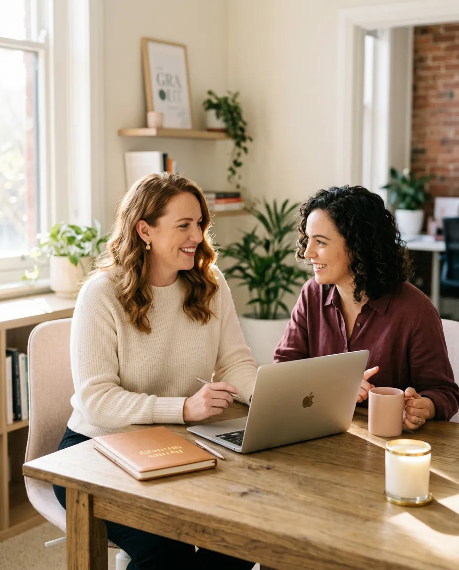Jess Byrnes collaborating with a business owner in a bright, modern office space