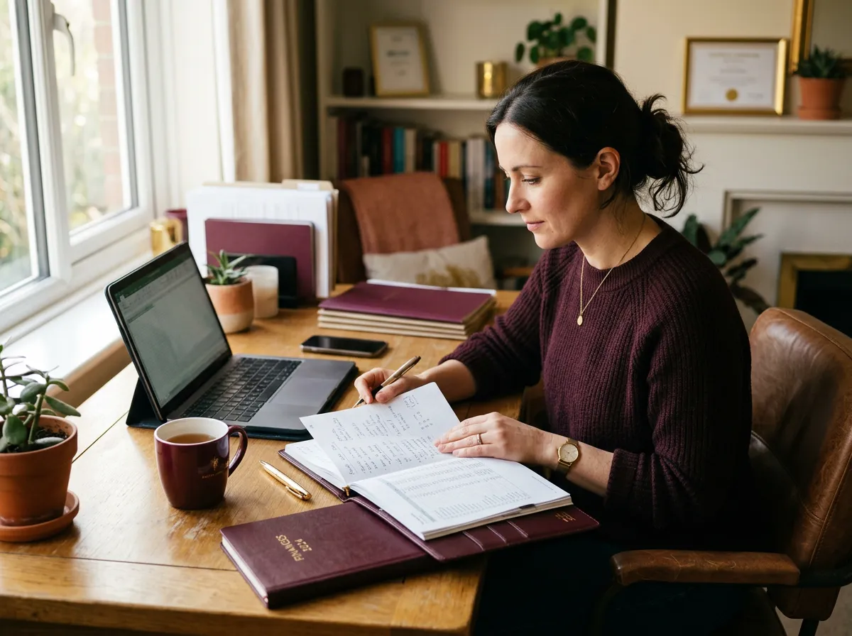 Dedicated sole trader analyzing financial reports with focused calm in sunlit studio