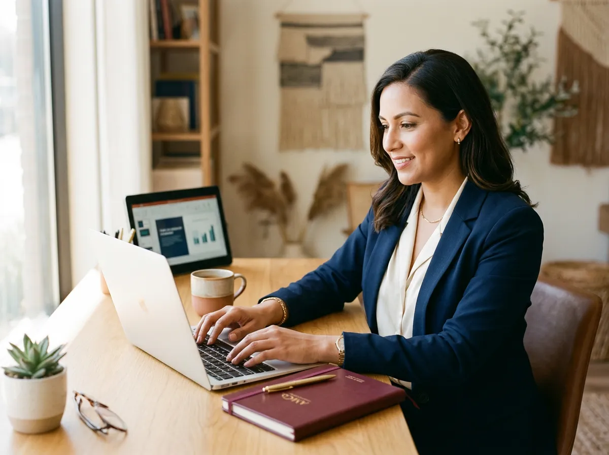 Independent consultant in modern minimalist office setting during client strategy call