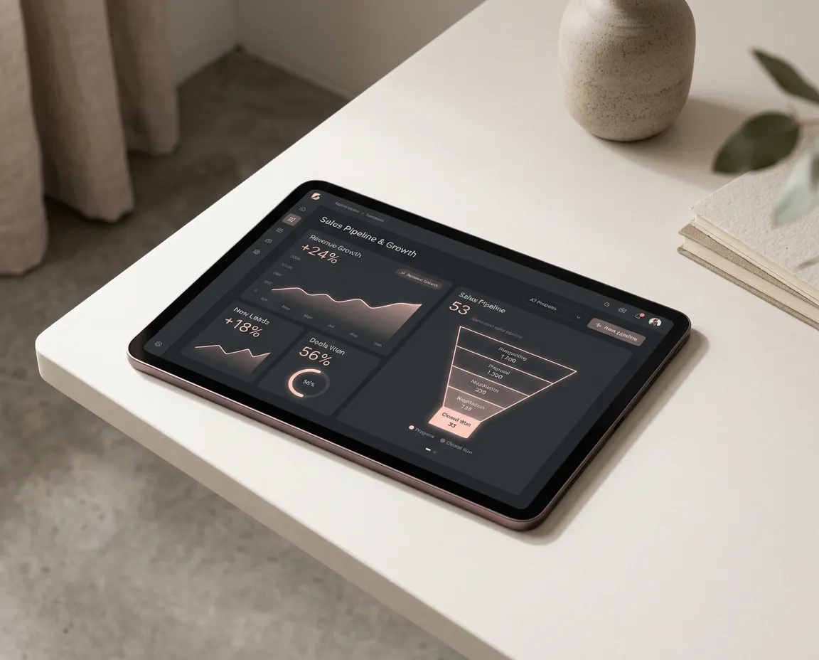Modern tablet mockup displaying real-time GoHighLevel growth metrics and sales pipeline data