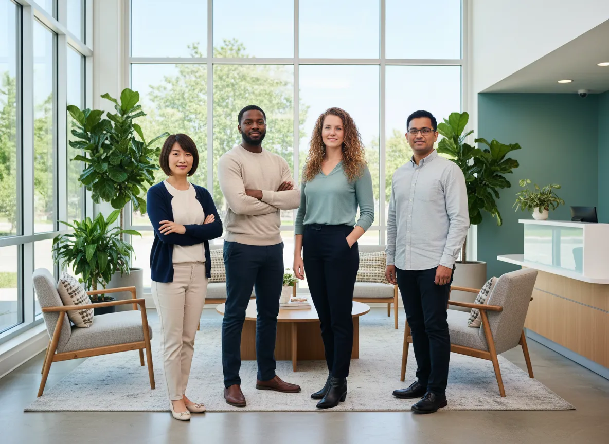 Team of therapists at Rollins Counseling Center in a bright, modern office