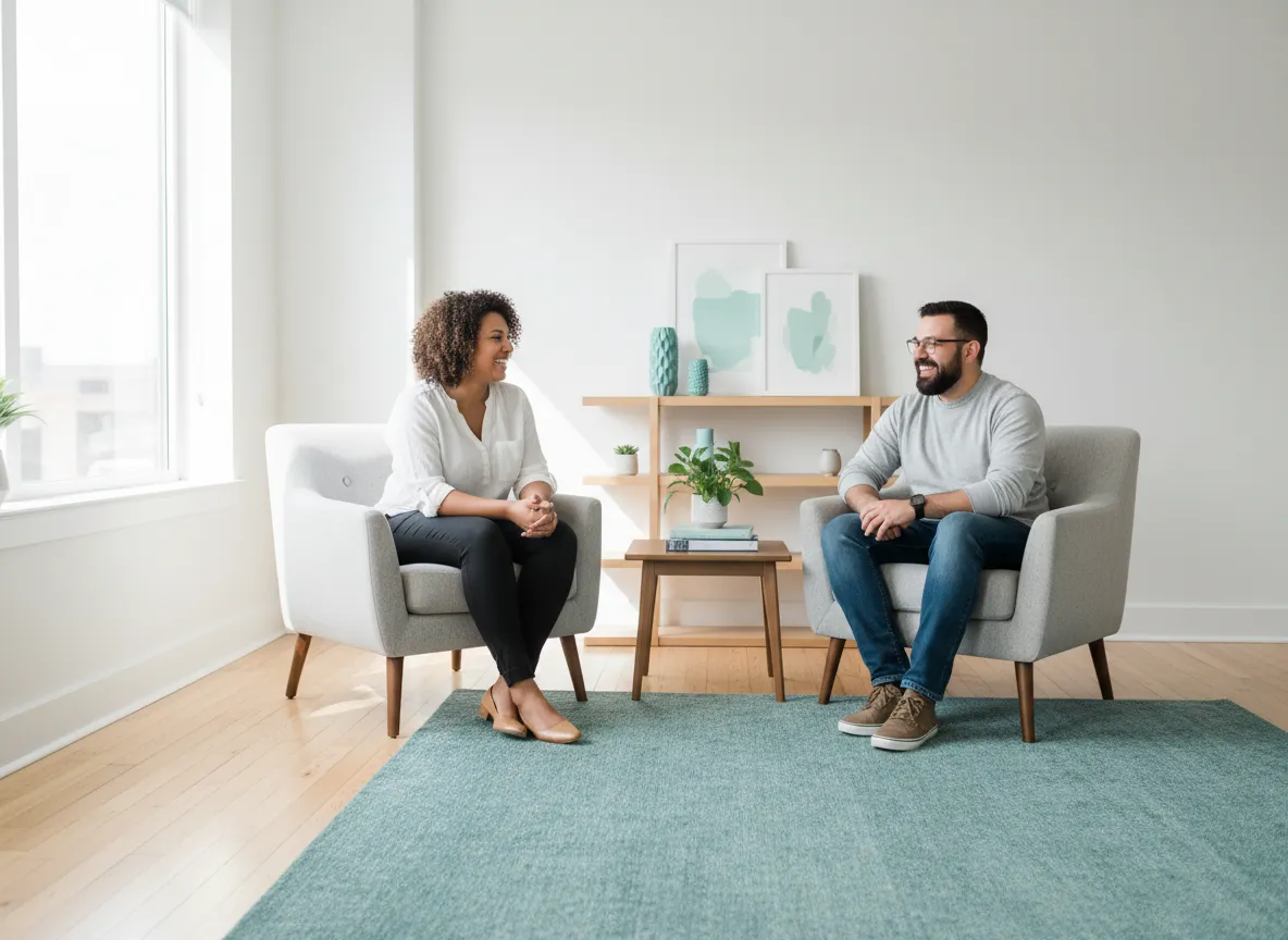 Smiling therapist and client in a bright, modern counseling space