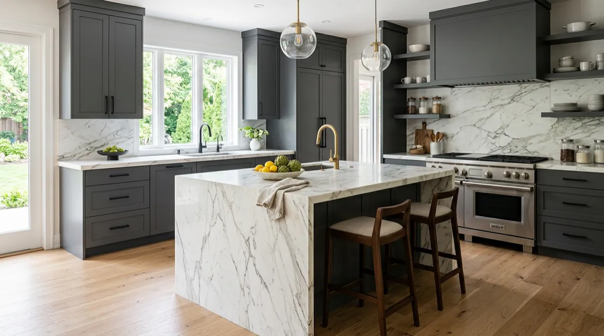 Bright, modern kitchen with white cabinets and stainless steel appliances.