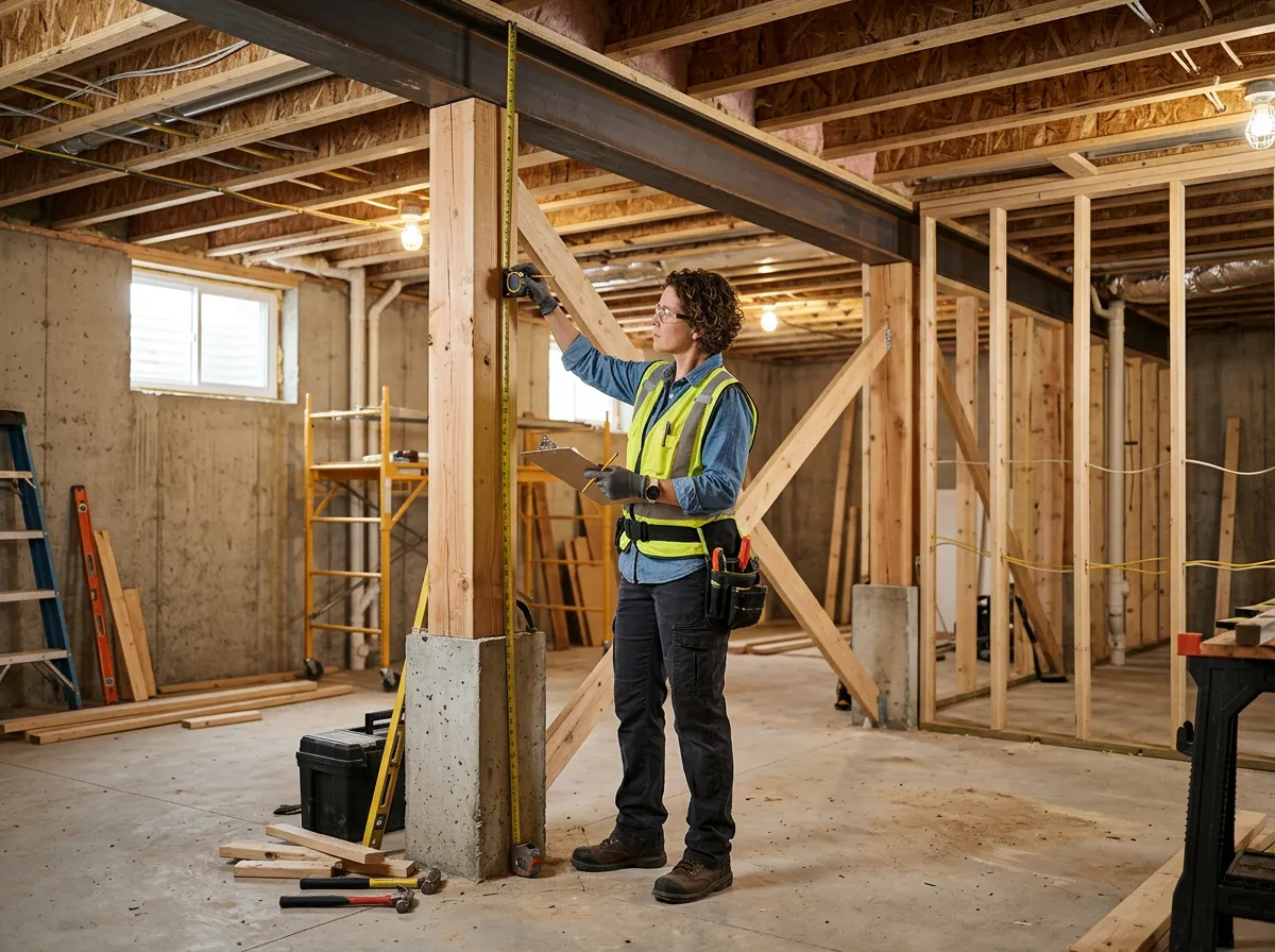 A woman reviewing large blueprints in an unfinished, framed room under construction.
