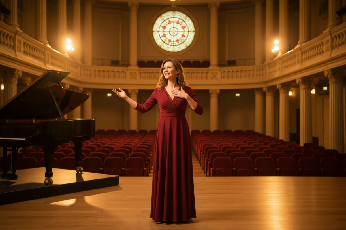 A female vocal mentor in her mid-30s stands in an elegant recital hall, gold lighting highlighting her presence.