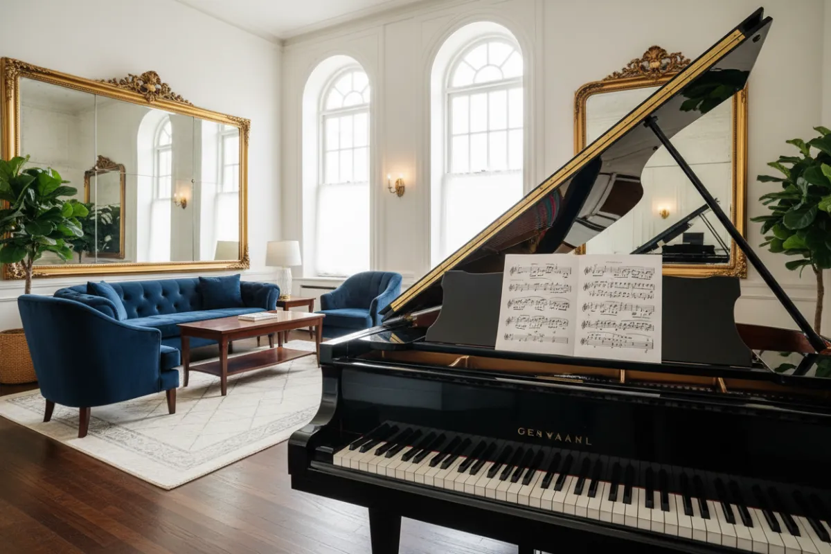 Elegant music studio with gold accents and grand piano
